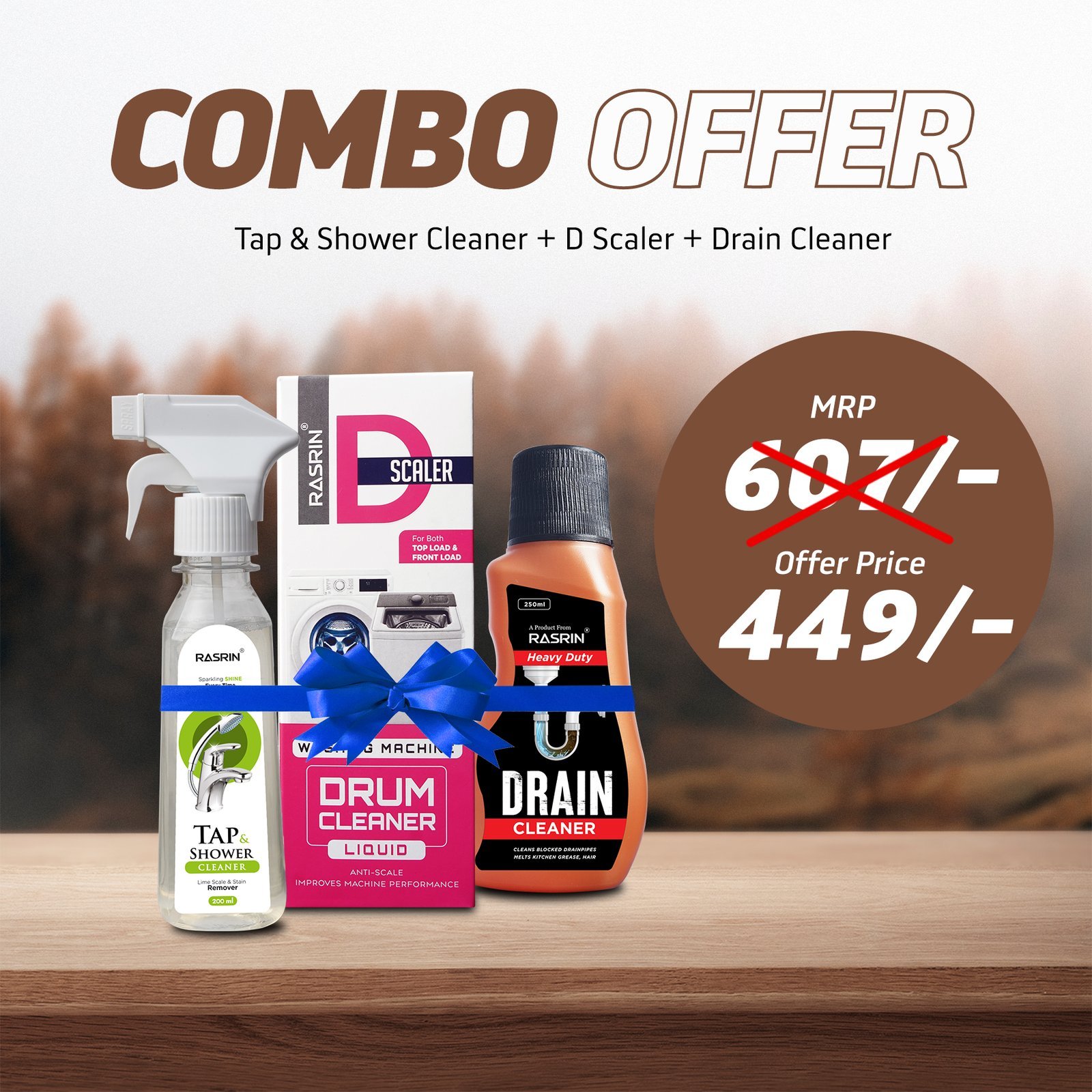 rasrin 3 in 1 cleaning combo (tap & shower + d scaler + drain cleaner)